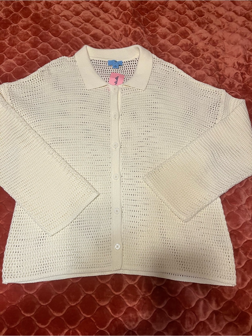CeCe Classic Cream Crochet Button-Up Sweater